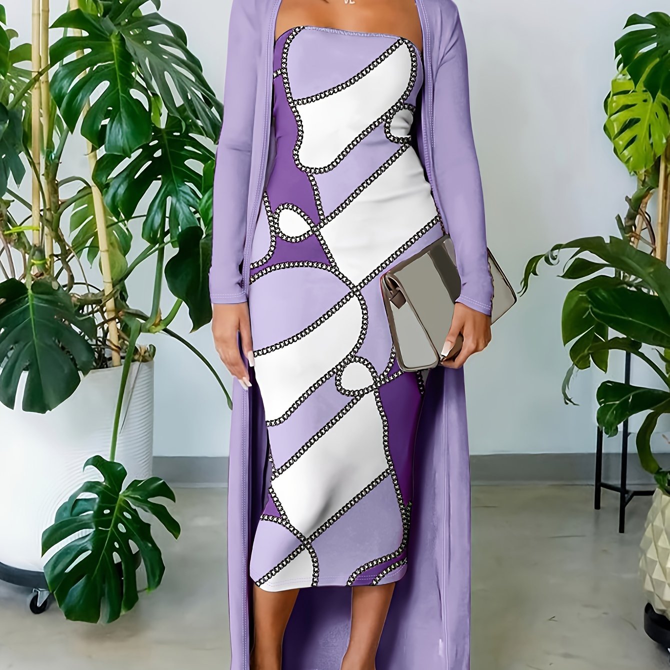 Chic Womens Two-piece Set - Flattering Strapless Bodycon Dress & Comfortable Long Sleeve Top - Versatile, Trendy Wardrobe Essential for Multiple Occasions