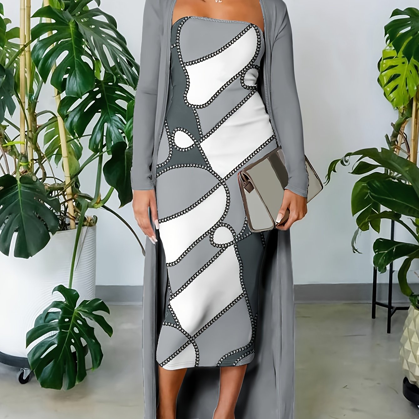 Chic Womens Two-piece Set - Flattering Strapless Bodycon Dress & Comfortable Long Sleeve Top - Versatile, Trendy Wardrobe Essential for Multiple Occasions