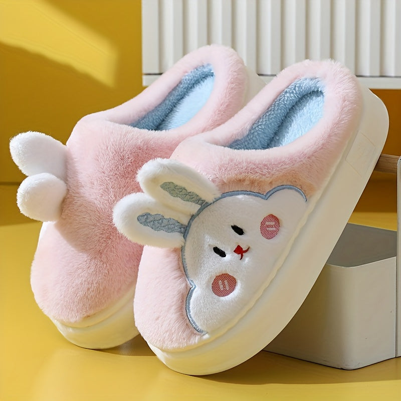 Women's Cute Rabbit Plush Slip-On Slippers - Winter Warm Soft Microfiber House Shoes with Adorable Cartoon Design, Cozy Bedroom & Indoor Footwear for Women, EVA Cushioned Sole, Cute Slippers