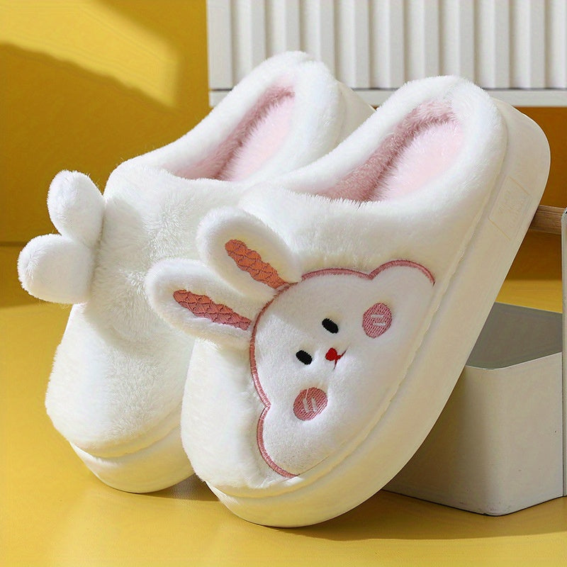 Women's Cute Rabbit Plush Slip-On Slippers - Winter Warm Soft Microfiber House Shoes with Adorable Cartoon Design, Cozy Bedroom & Indoor Footwear for Women, EVA Cushioned Sole, Cute Slippers