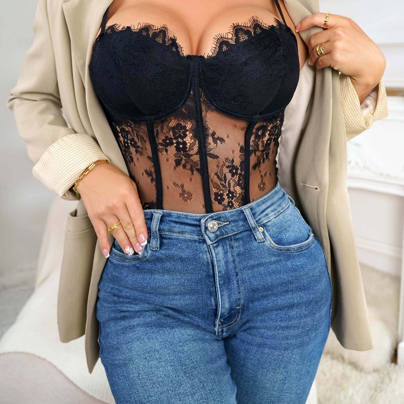 Elegant Black Lace Corset Top for Women - Sexy Semi-Sheer Fishbone Bustier with Floral Patterns, Adjustable Straps & Front Closure, Perfect for Layering