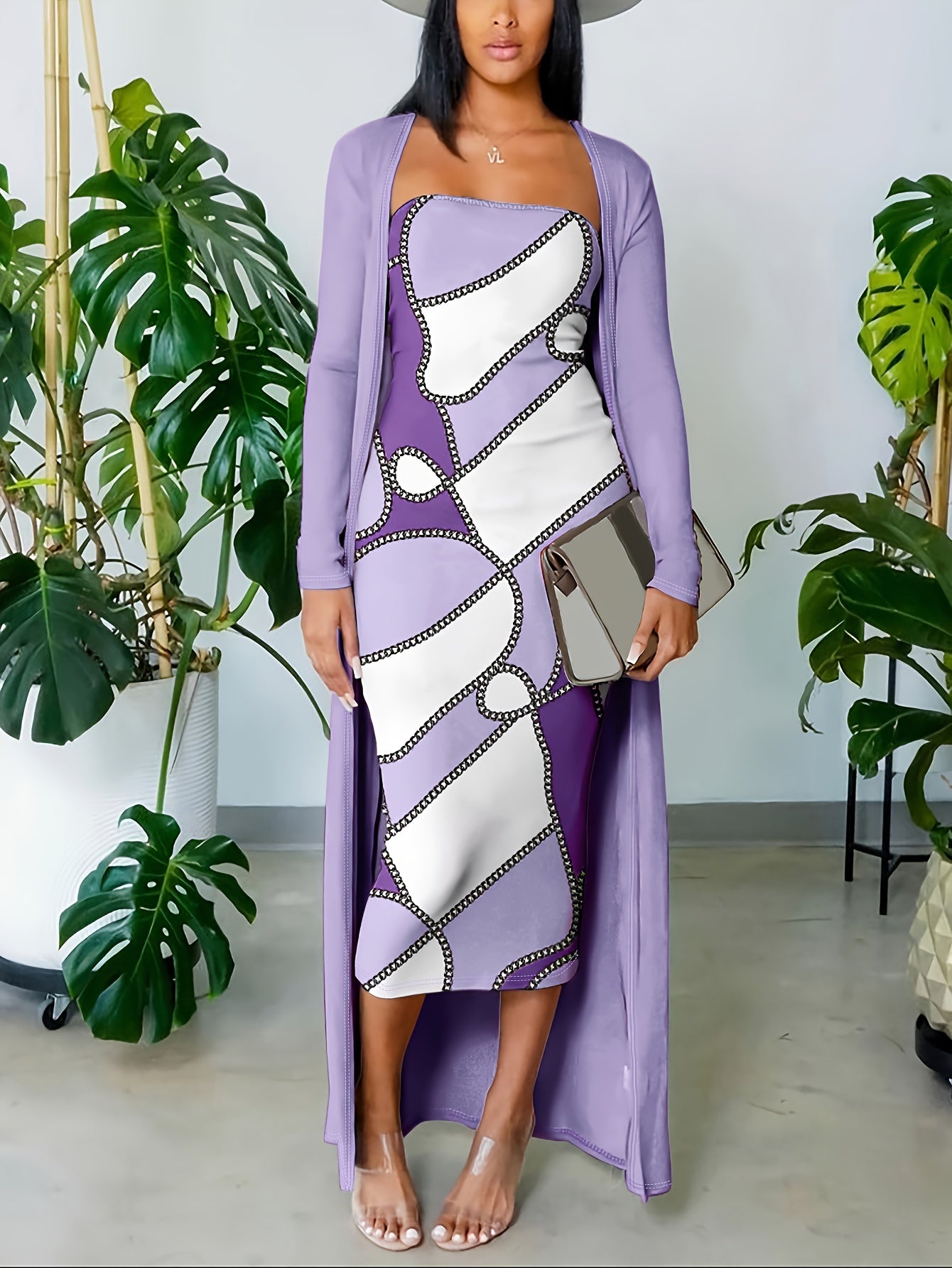 Chic Womens Two-piece Set - Flattering Strapless Bodycon Dress & Comfortable Long Sleeve Top - Versatile, Trendy Wardrobe Essential for Multiple Occasions