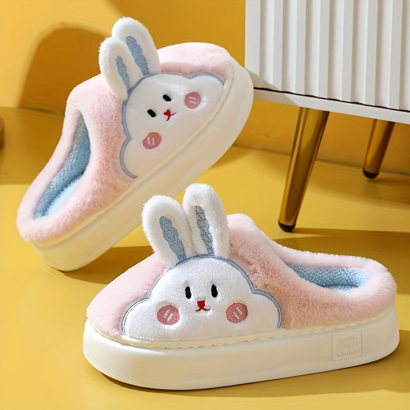 Women's Cute Rabbit Plush Slip-On Slippers - Winter Warm Soft Microfiber House Shoes with Adorable Cartoon Design, Cozy Bedroom & Indoor Footwear for Women, EVA Cushioned Sole, Cute Slippers