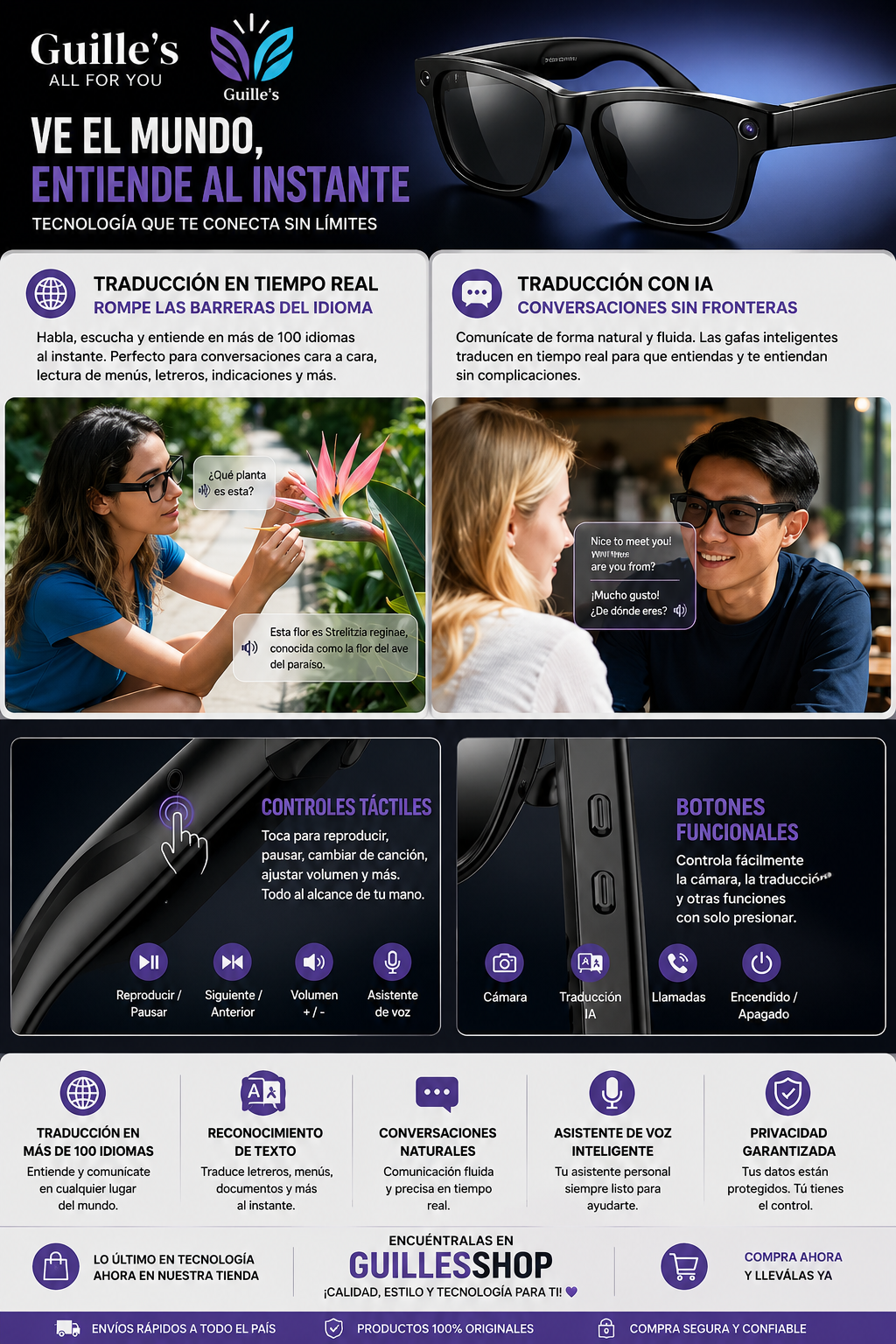 Gafas Inteligentes de Traducción 2026, Nueva Tecnología, Claridad HD, Ligeras (40g), Cómodas, Reconocimiento IA, Grabación Sensible, Música