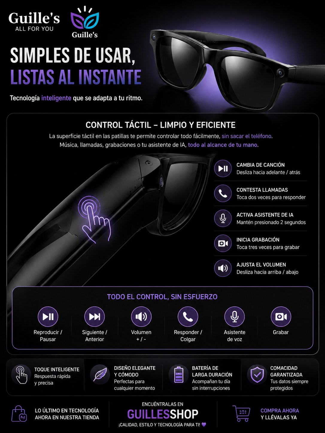 Gafas Inteligentes de Traducción 2026, Nueva Tecnología, Claridad HD, Ligeras (40g), Cómodas, Reconocimiento IA, Grabación Sensible, Música