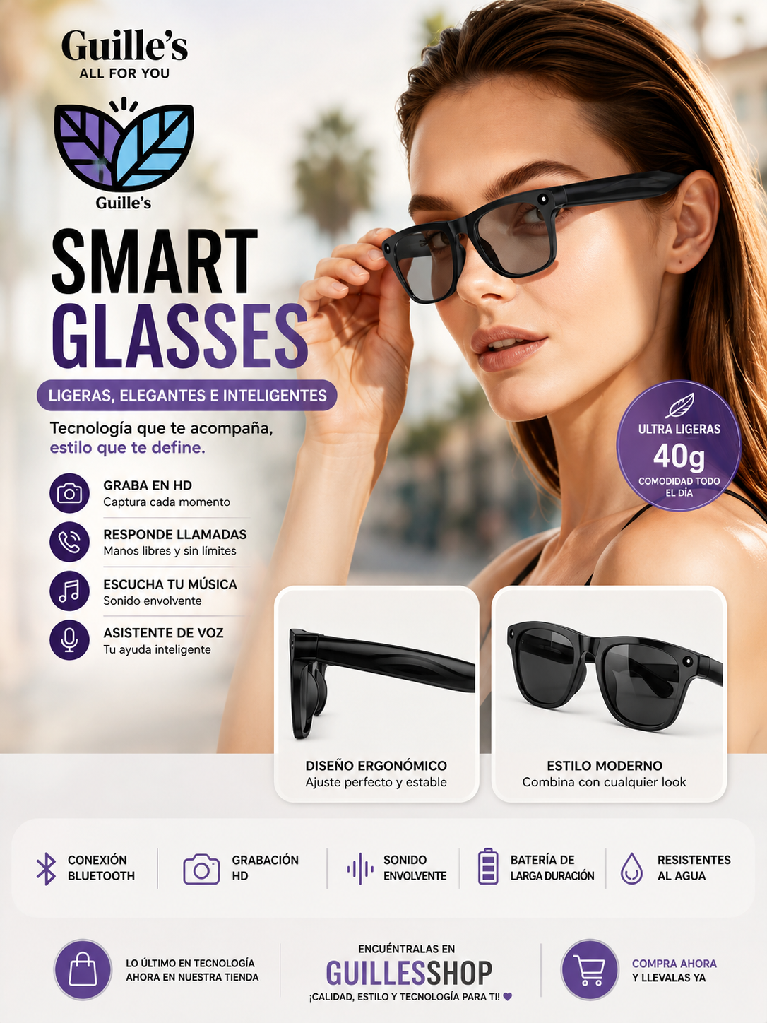 Gafas Inteligentes de Traducción 2026, Nueva Tecnología, Claridad HD, Ligeras (40g), Cómodas, Reconocimiento IA, Grabación Sensible, Música