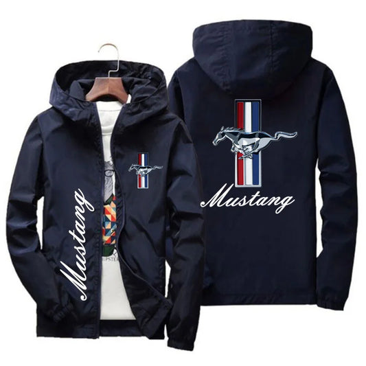 Spring and Autumn Ford Mustang Car Logo Print Hooded Jacket Fashion Charge Jacket Windbreaker Men's Casual Outdoor Clothing