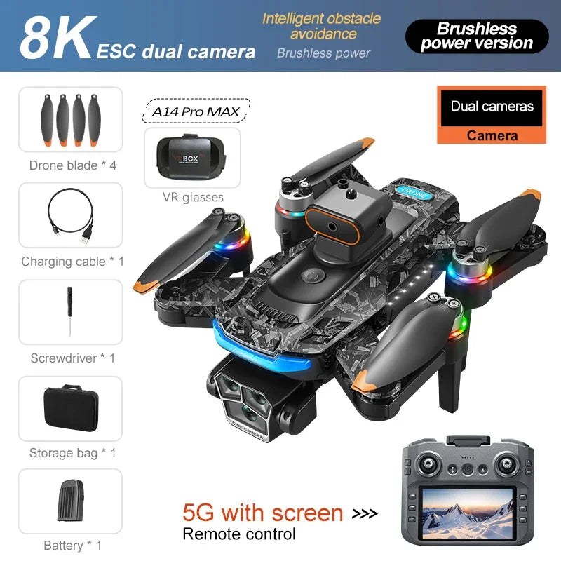 Xiaomi A14 pro Max Drone 8k HD cámara Dual GPS flujo óptico sin escobillas evitación de obstáculos pantalla grande de 4,5 pulgadas Uav Rc 20000m nuevo
