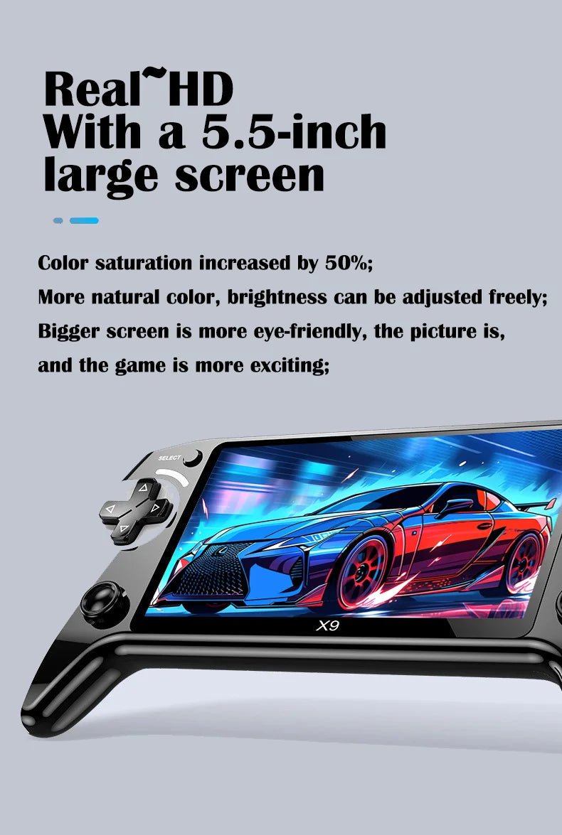 Consola de juegos portátil X9, pantalla HD de 5,5 pulgadas, múltiples idiomas, vídeo retro GBA Arcade, 8 simuladores con 360 °   joysti antideslizante
