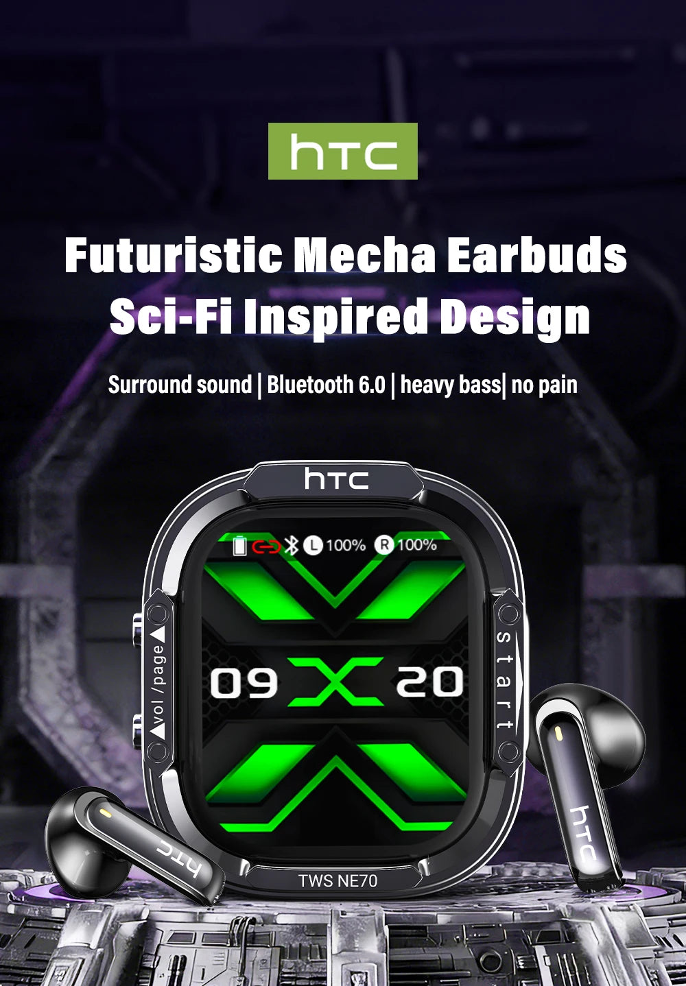 Audífonos Bluetooth V6.0 HTC NE70, Audífonos Inalámbricos con Pantalla Táctil Inteligente, Audífonos con Traductor IA, Audífonos para Juegos, Bajos HD