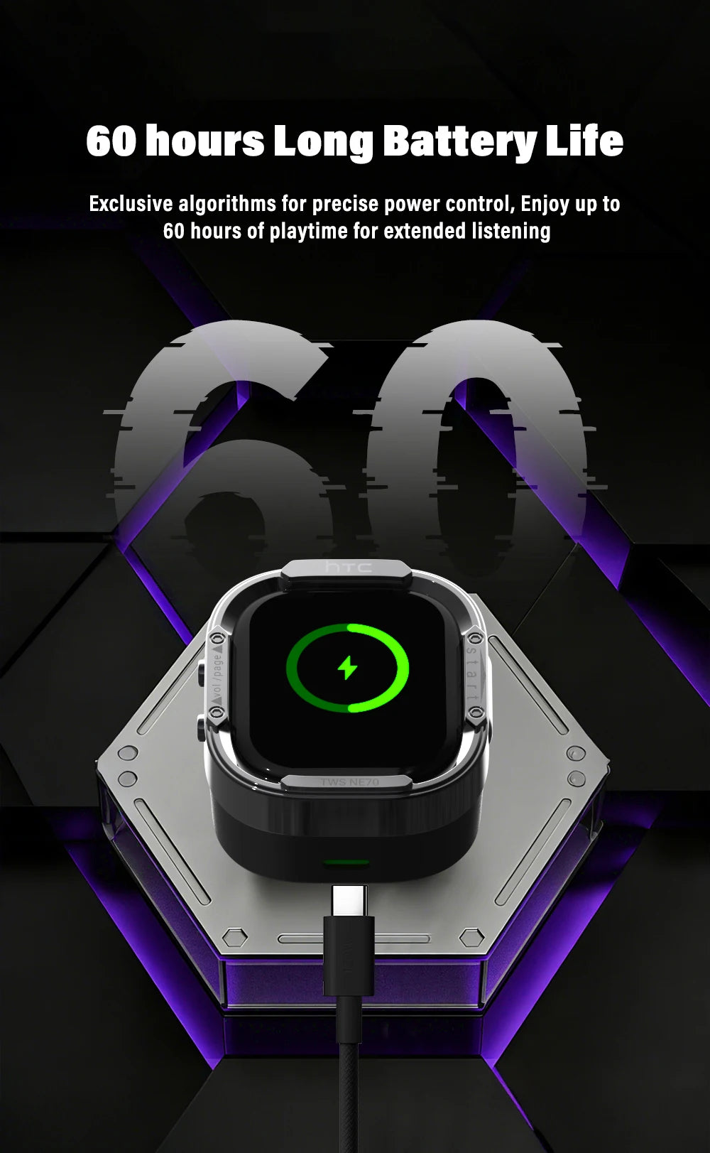 Audífonos Bluetooth V6.0 HTC NE70, Audífonos Inalámbricos con Pantalla Táctil Inteligente, Audífonos con Traductor IA, Audífonos para Juegos, Bajos HD