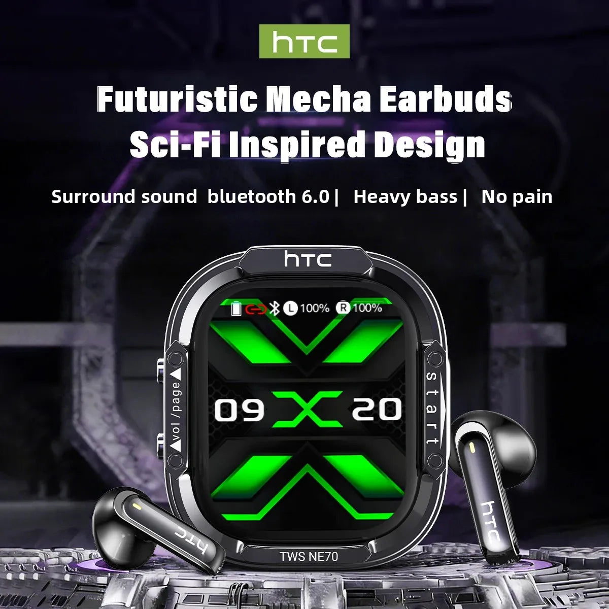 Audífonos Bluetooth V6.0 HTC NE70, Audífonos Inalámbricos con Pantalla Táctil Inteligente, Audífonos con Traductor IA, Audífonos para Juegos, Bajos HD