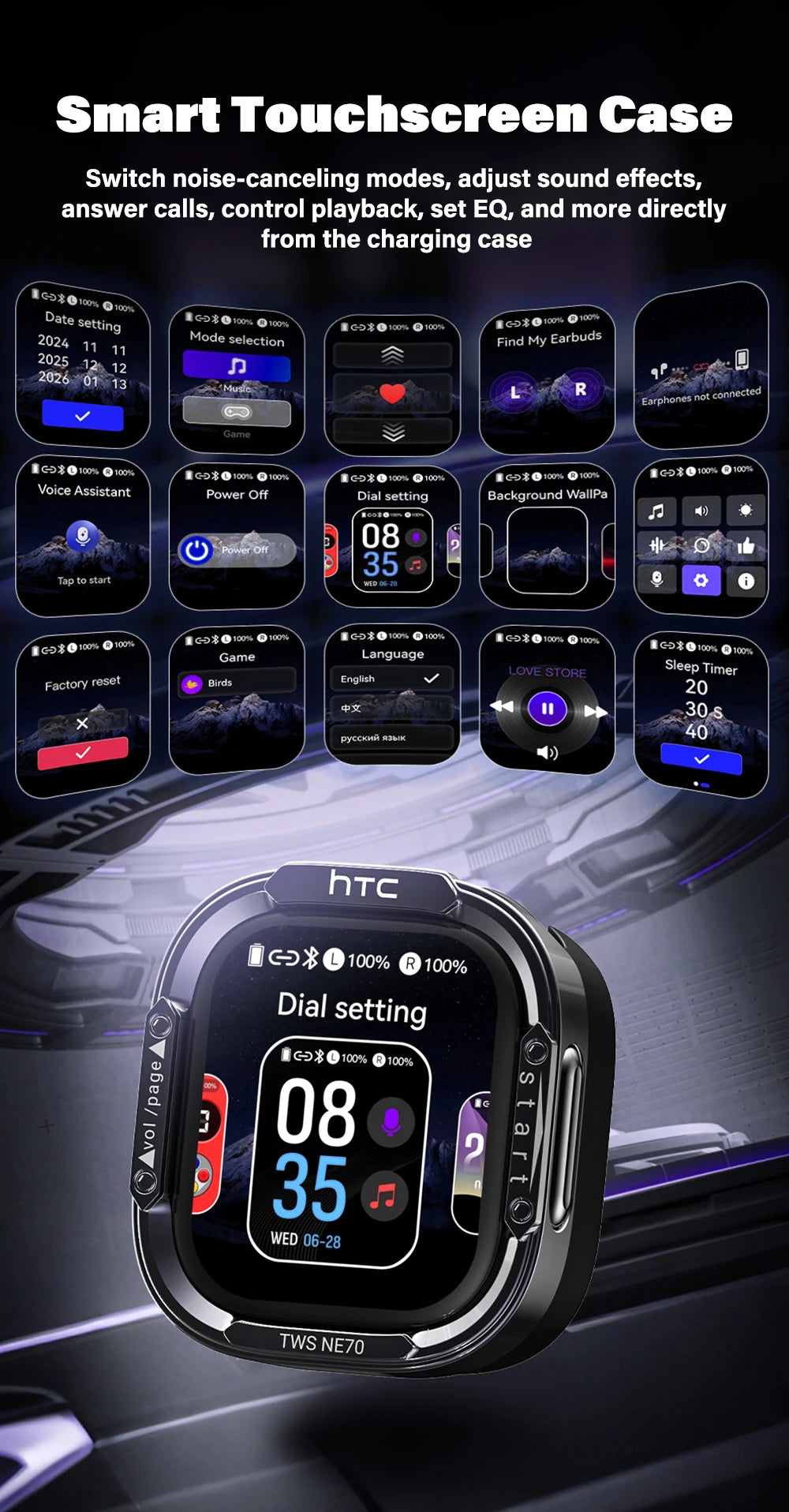 Audífonos Bluetooth V6.0 HTC NE70, Audífonos Inalámbricos con Pantalla Táctil Inteligente, Audífonos con Traductor IA, Audífonos para Juegos, Bajos HD