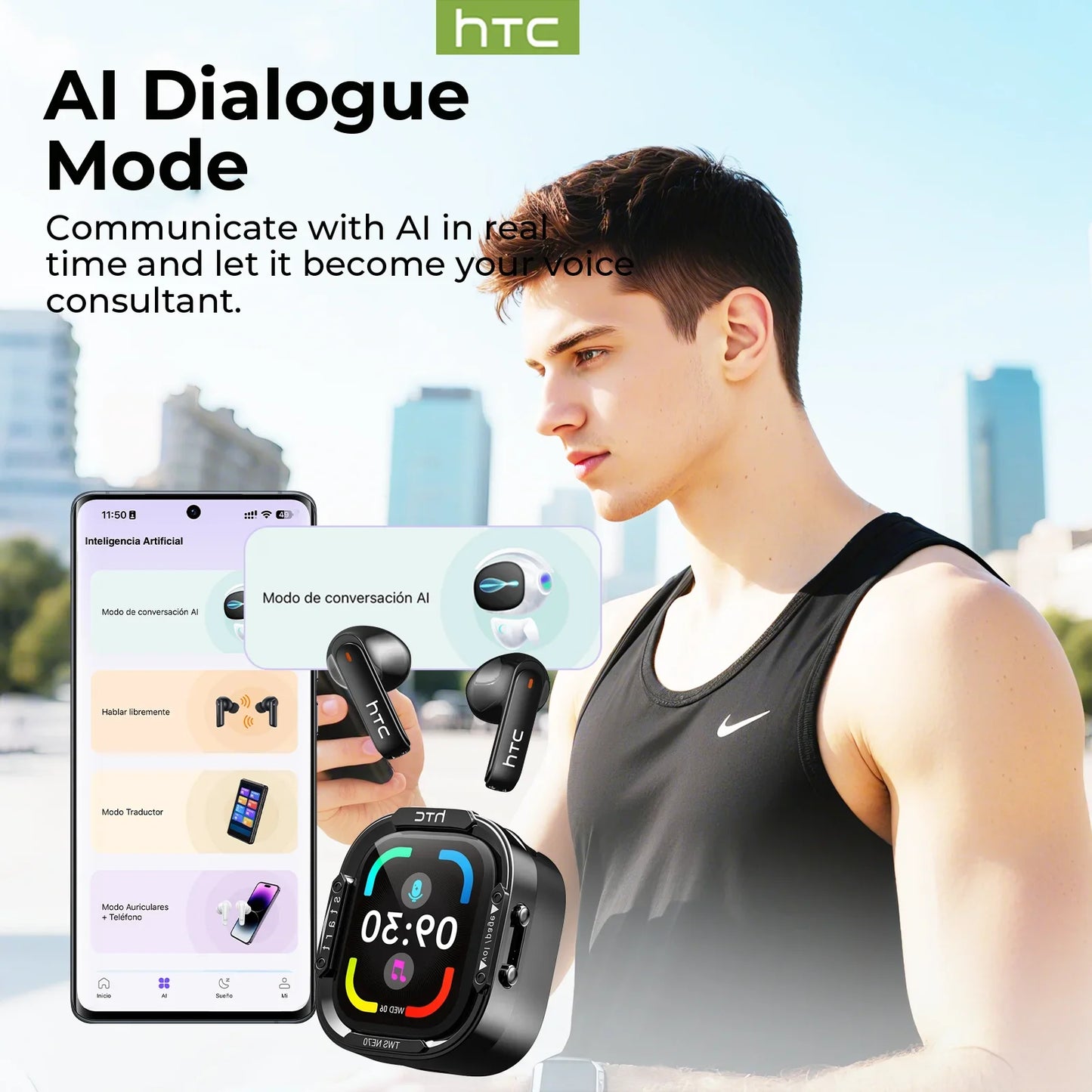 Audífonos Bluetooth V6.0 HTC NE70, Audífonos Inalámbricos con Pantalla Táctil Inteligente, Audífonos con Traductor IA, Audífonos para Juegos, Bajos HD