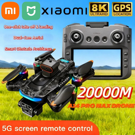 Xiaomi A14 pro Max Drone 8k HD cámara Dual GPS flujo óptico sin escobillas evitación de obstáculos pantalla grande de 4,5 pulgadas Uav Rc 20000m nuevo
