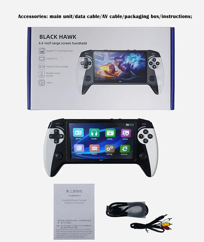 Consola de juegos portátil X9, pantalla HD de 5,5 pulgadas, múltiples idiomas, vídeo retro GBA Arcade, 8 simuladores con 360 °   joysti antideslizante