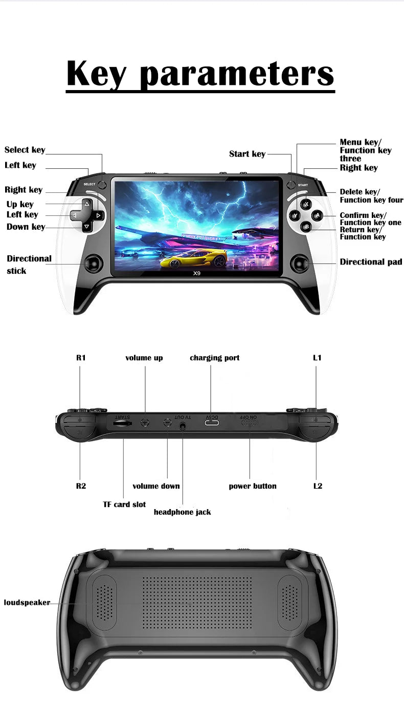 Consola de juegos portátil X9, pantalla HD de 5,5 pulgadas, múltiples idiomas, vídeo retro GBA Arcade, 8 simuladores con 360 °   joysti antideslizante