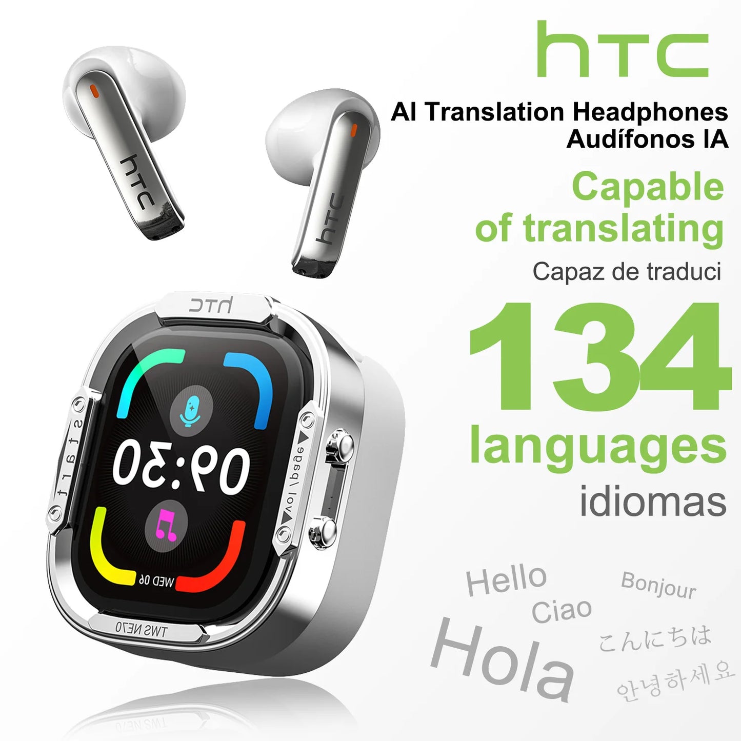 Audífonos Bluetooth V6.0 HTC NE70, Audífonos Inalámbricos con Pantalla Táctil Inteligente, Audífonos con Traductor IA, Audífonos para Juegos, Bajos HD