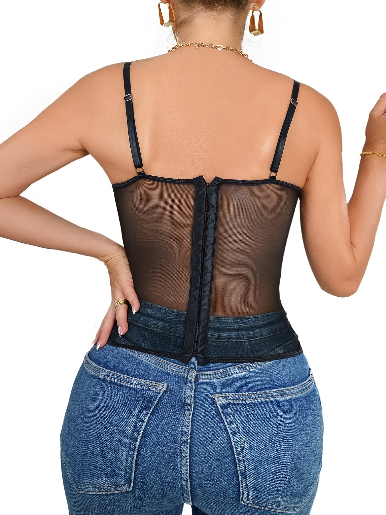 Elegant Black Lace Corset Top for Women - Sexy Semi-Sheer Fishbone Bustier with Floral Patterns, Adjustable Straps & Front Closure, Perfect for Layering