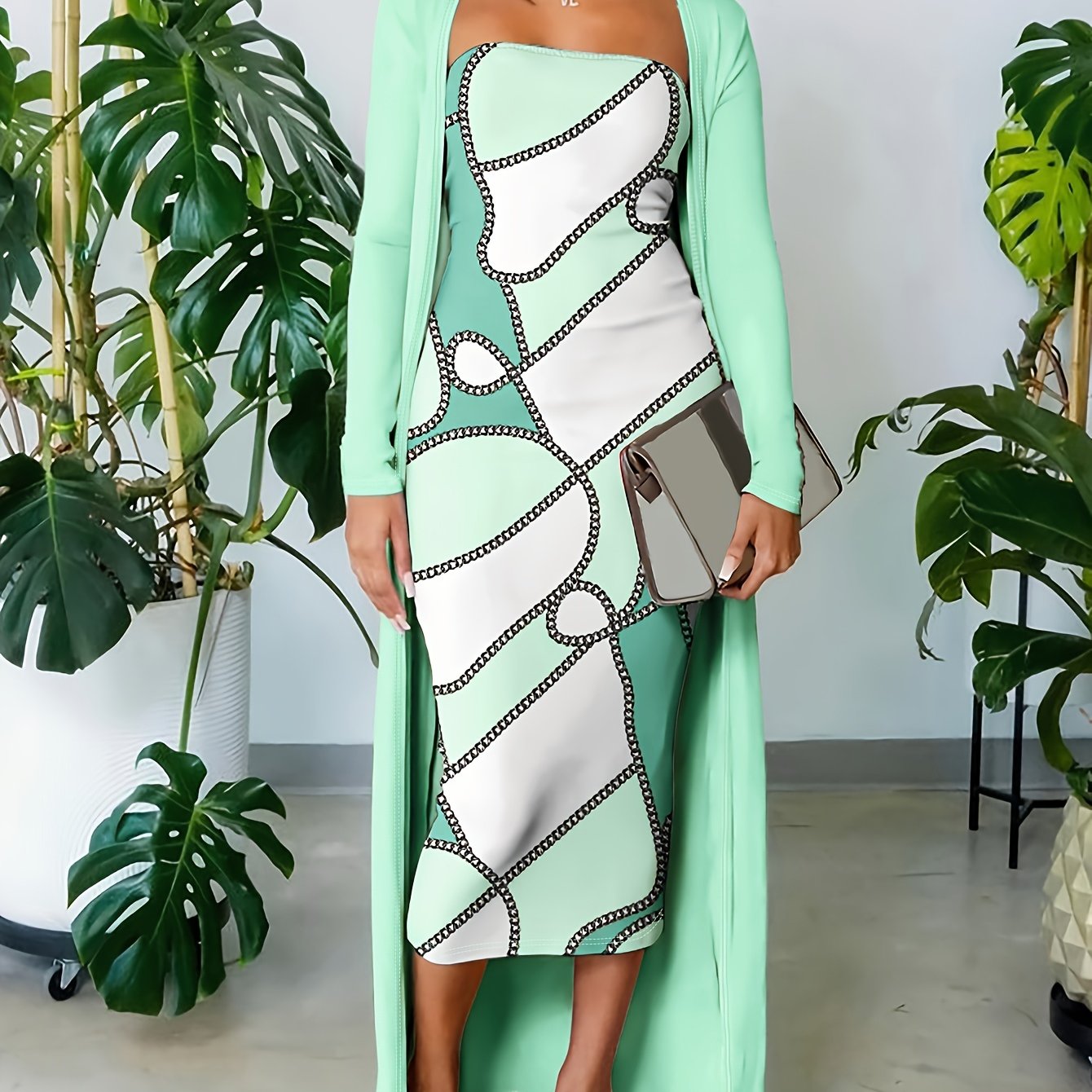 Chic Womens Two-piece Set - Flattering Strapless Bodycon Dress & Comfortable Long Sleeve Top - Versatile, Trendy Wardrobe Essential for Multiple Occasions